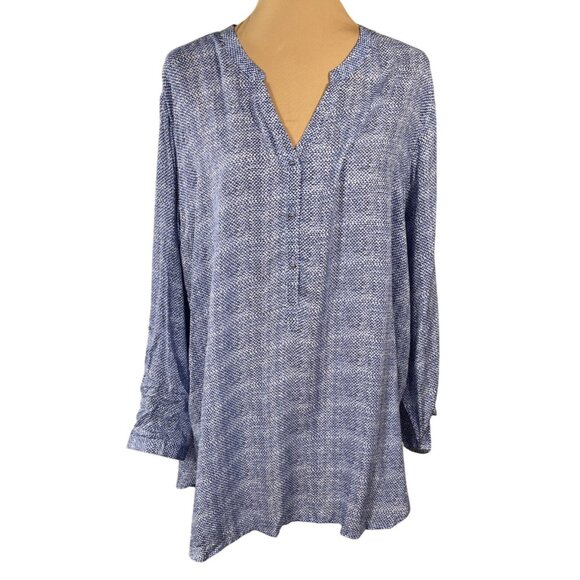 New Grand & Greene Blouse Tunic Top Blue Print Size 1X Silver Buttons - Picture 1 of 8